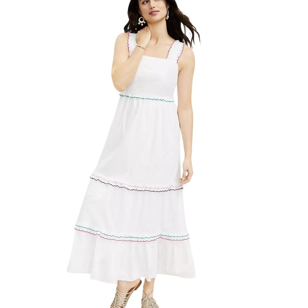LOFT White Ric Rac Rainbow Trim Tiered Maxi Dress XS Square Neck Ruffle Strap XS